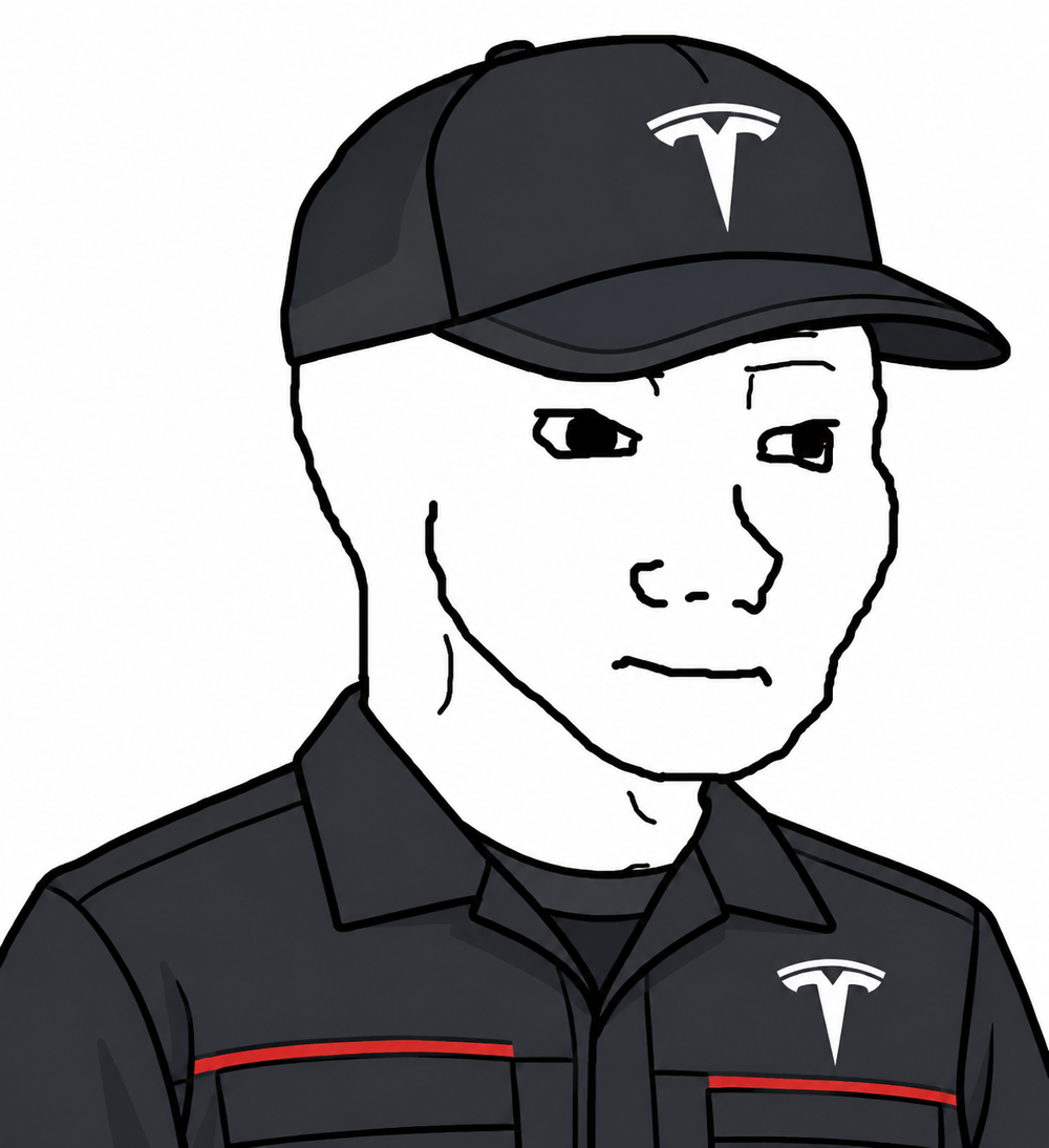 White-faced Wojak in charcoal Tesla-inspired technician uniform